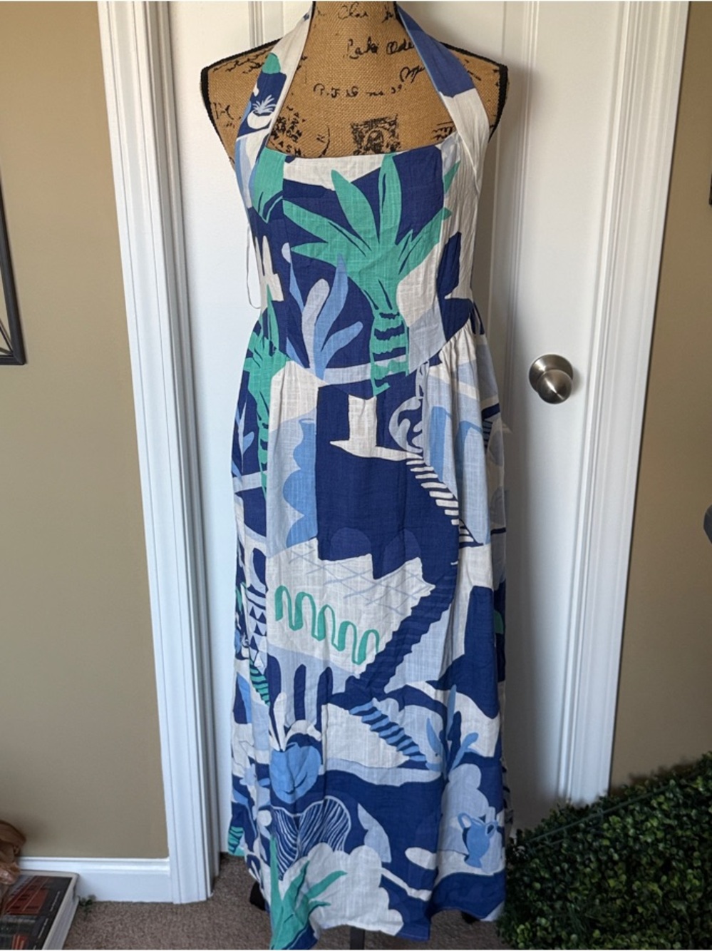 Blue & Green Tropical Halter Maxi Dress